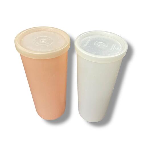 Tupperware 12 oz Tumblers Cups Peach White 115 Lid Seal Set 2 Kitchen Vintage - Picture 8 of 10
